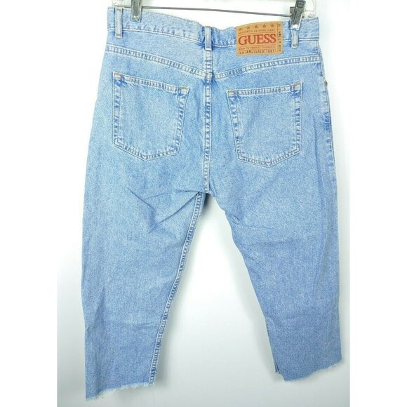 GUESS Jeans USA 90s Y2K Womens 28 Blue Cotton Denim Raw Hem Ankle Capri - Picture 1 of 8